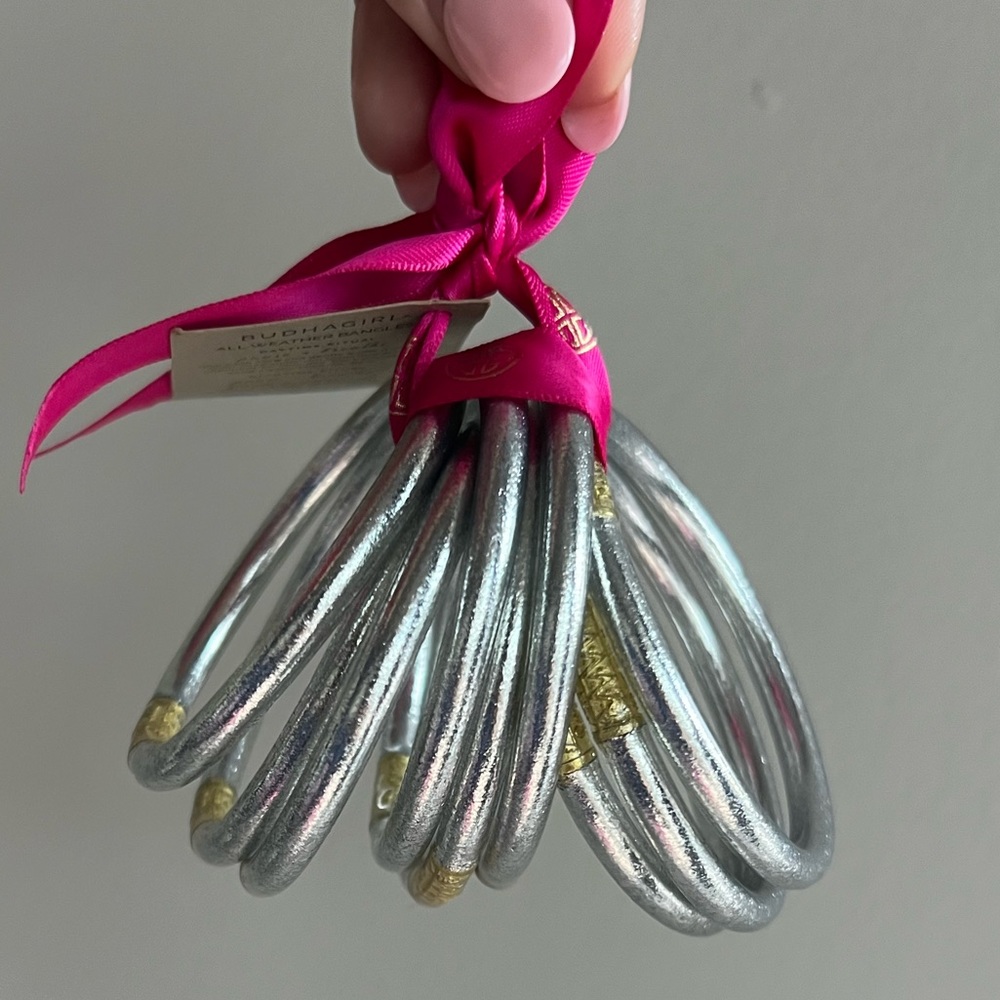 🩶SET OF 3 Budhagirl all weather bangles Silver pool summer 7.5” around inside - Picture 3 of 3